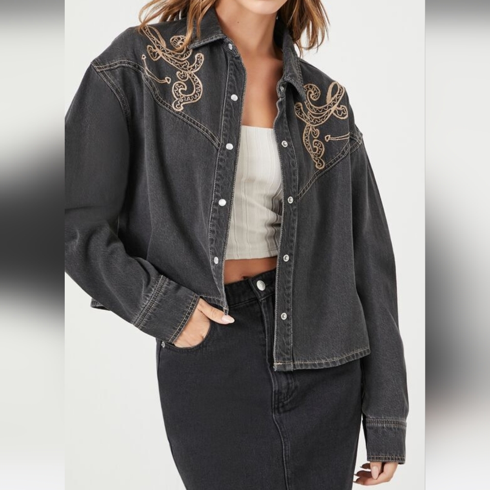 Western Embroidered Black Denim Shirt Jacket